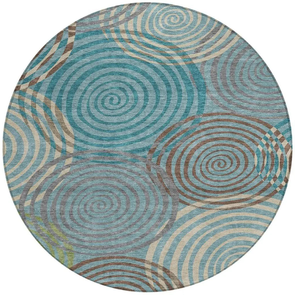 8' Teal Blue And Gray Round Geometric Washable Indoor Outdoor Area Rug Homeroots Outdoor