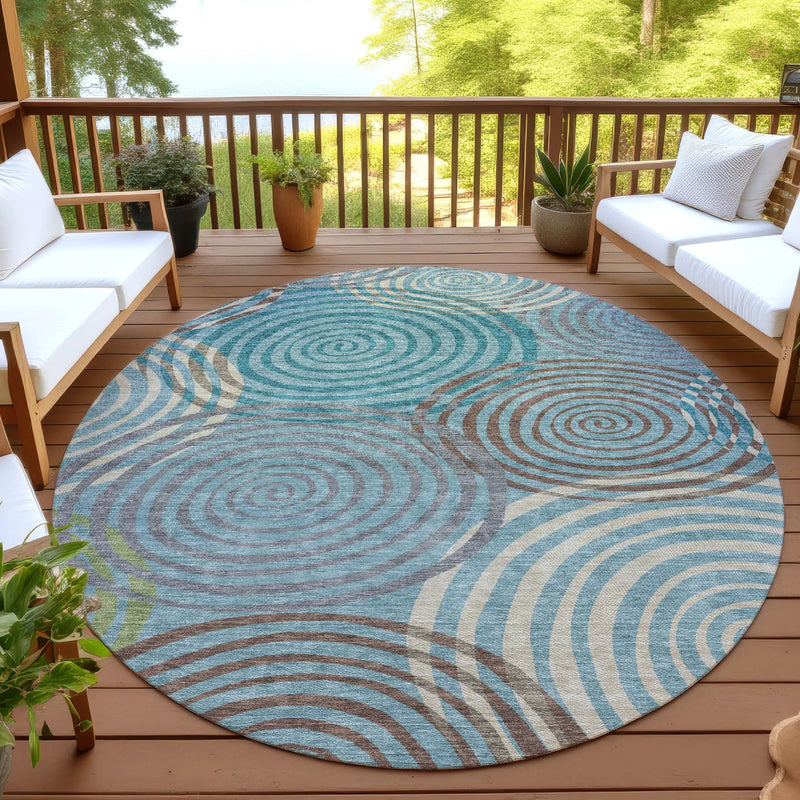 8' Teal Blue And Gray Round Geometric Washable Indoor Outdoor Area Rug Homeroots Outdoor