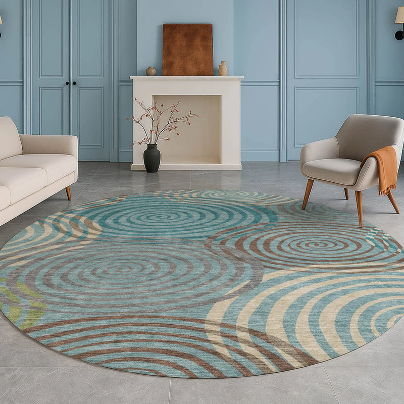 8' Teal Blue And Gray Round Geometric Washable Indoor Outdoor Area Rug Homeroots Outdoor