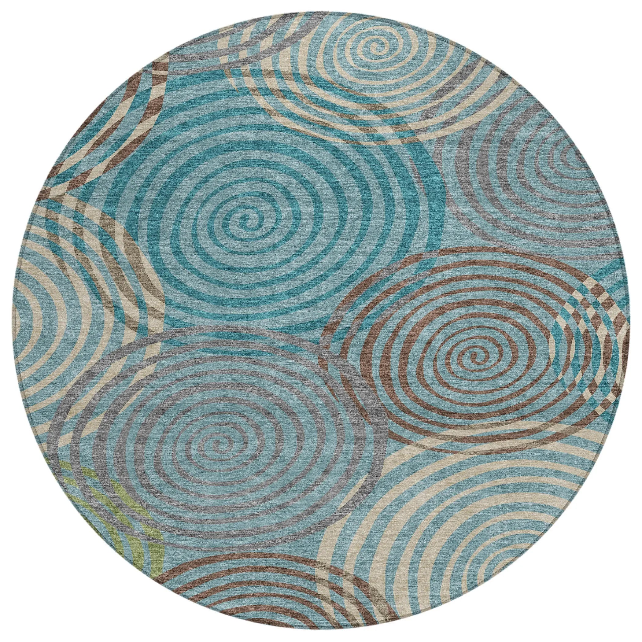 8' Teal Blue And Gray Round Geometric Washable Indoor Outdoor Area Rug Homeroots Outdoor