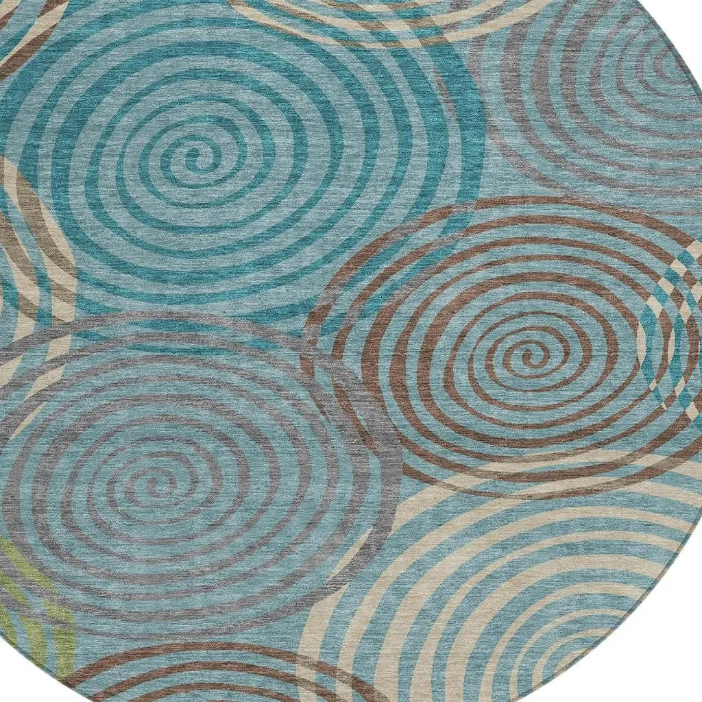 8' Teal Blue And Gray Round Geometric Washable Indoor Outdoor Area Rug Homeroots Outdoor