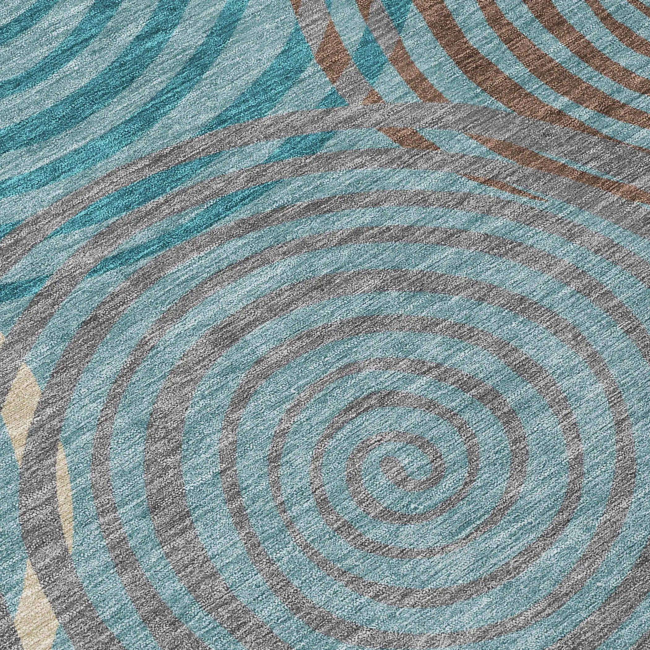 8' Teal Blue And Gray Round Geometric Washable Indoor Outdoor Area Rug Homeroots Outdoor