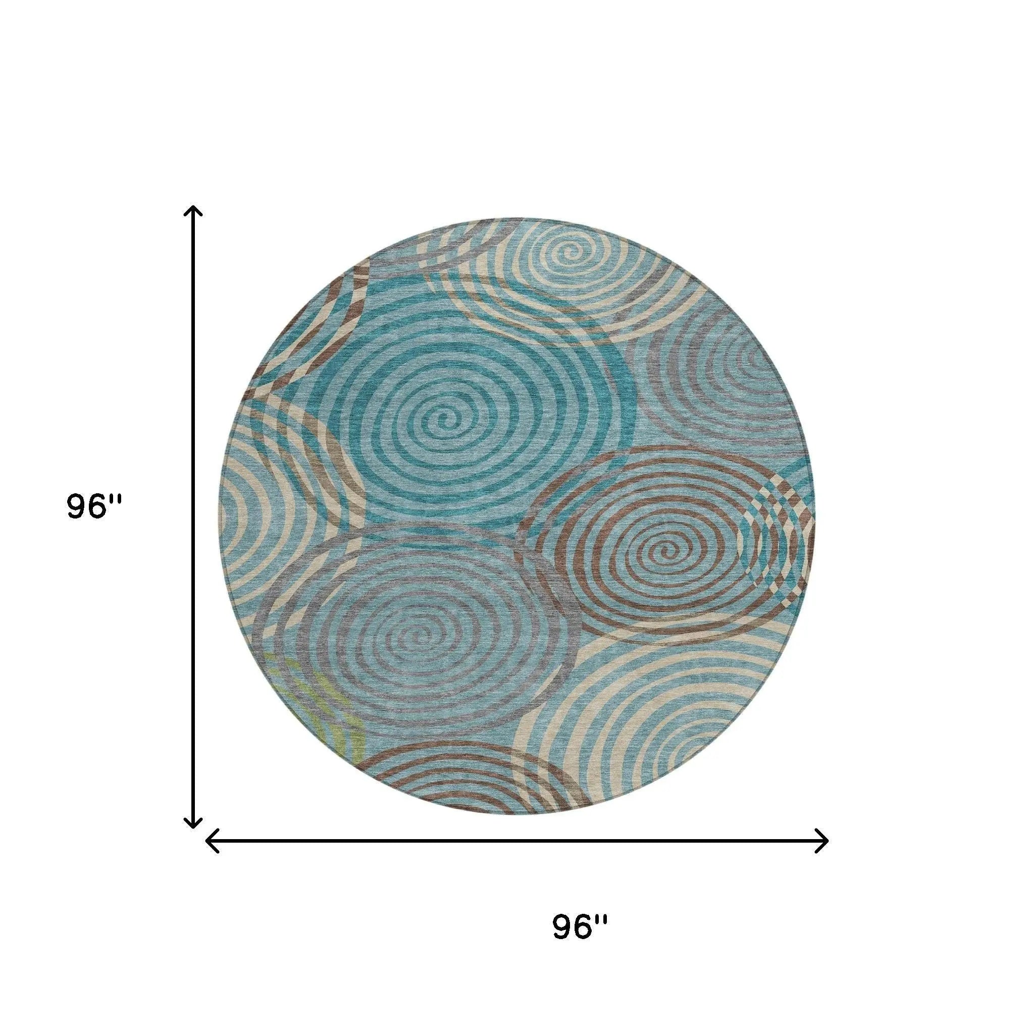 8' Teal Blue And Gray Round Geometric Washable Indoor Outdoor Area Rug Homeroots Outdoor