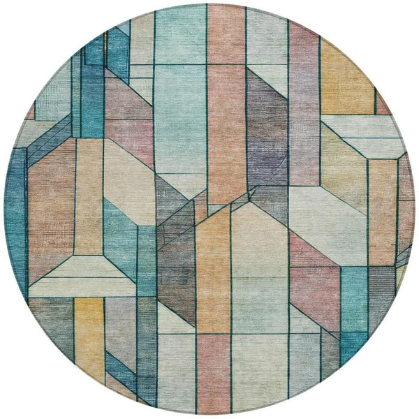 8' Teal Blue And Gray Round Geometric Washable Indoor Outdoor Area Rug Homeroots Outdoor