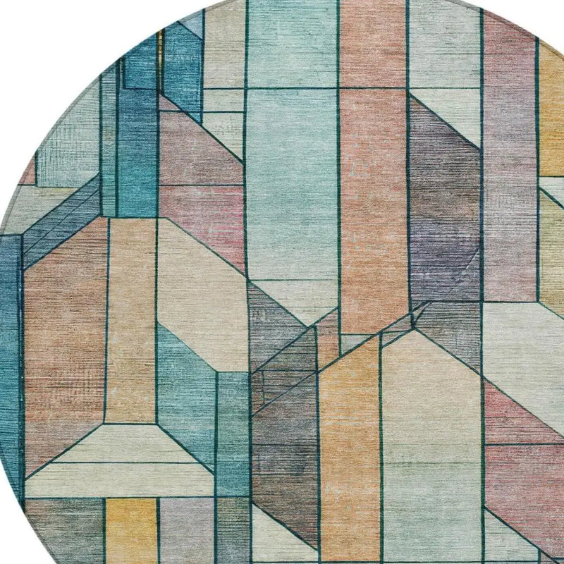 8' Teal Blue And Gray Round Geometric Washable Indoor Outdoor Area Rug Homeroots Outdoor