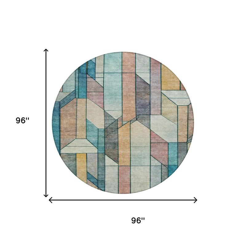 8' Teal Blue And Gray Round Geometric Washable Indoor Outdoor Area Rug Homeroots Outdoor