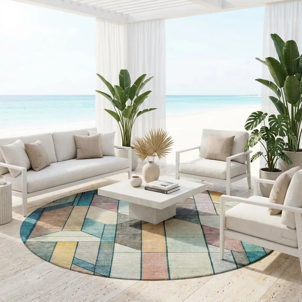 8' Teal Blue And Gray Round Geometric Washable Indoor Outdoor Area Rug Homeroots Outdoor