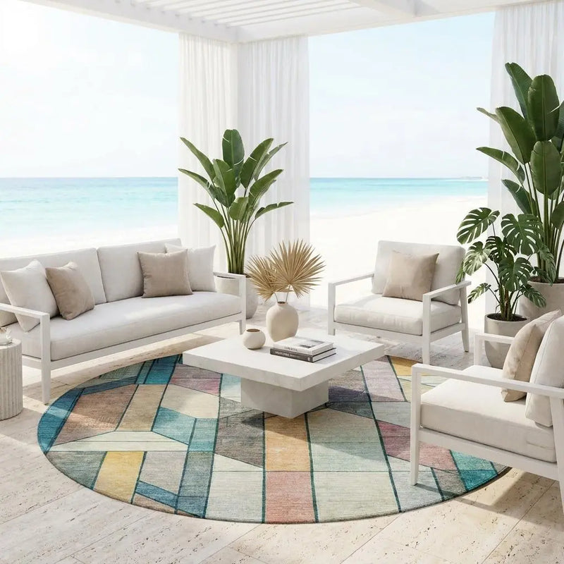 8' Teal Blue And Gray Round Geometric Washable Indoor Outdoor Area Rug Homeroots Outdoor