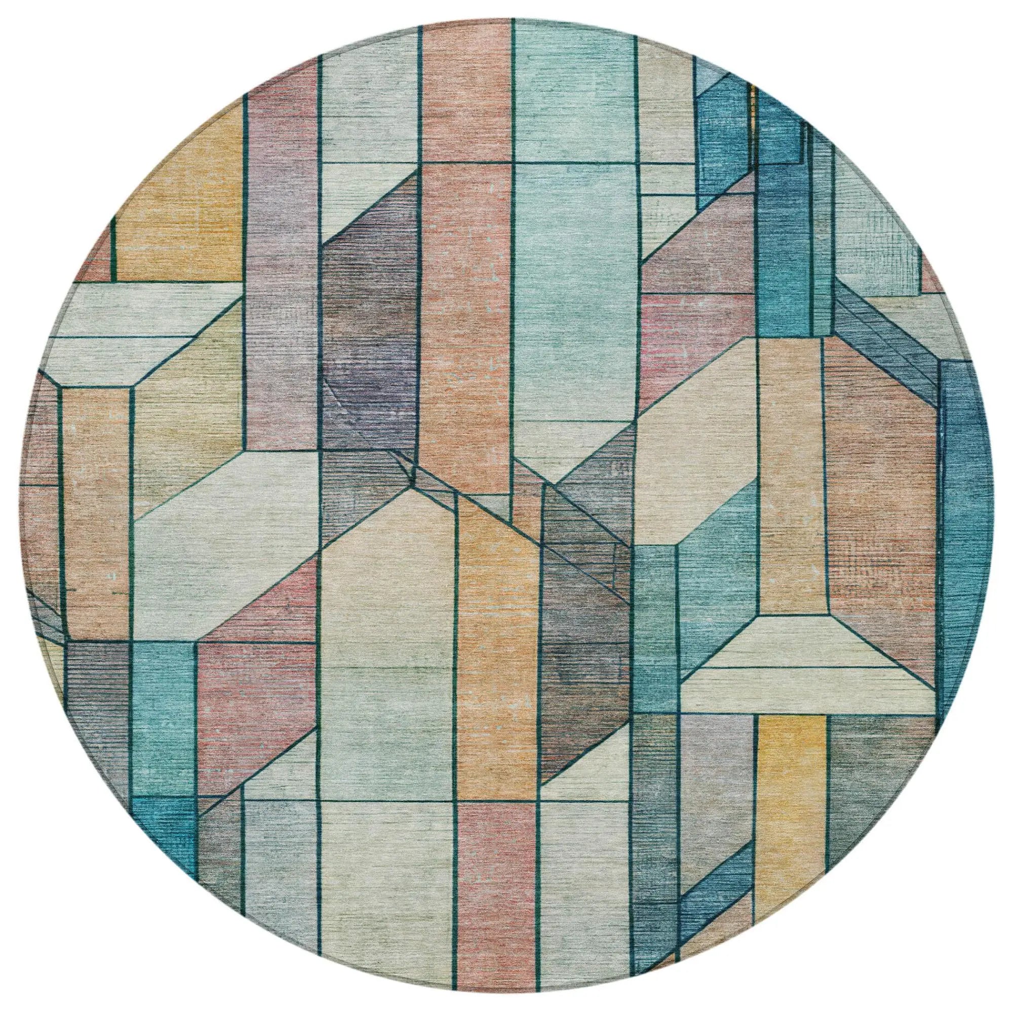 8' Teal Blue And Gray Round Geometric Washable Indoor Outdoor Area Rug Homeroots Outdoor