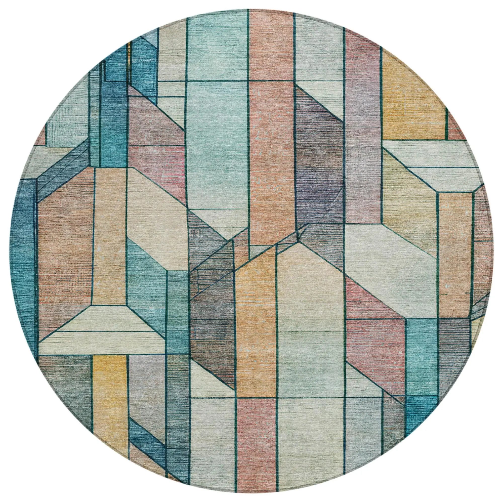 8' Teal Blue And Gray Round Geometric Washable Indoor Outdoor Area Rug Homeroots Outdoor