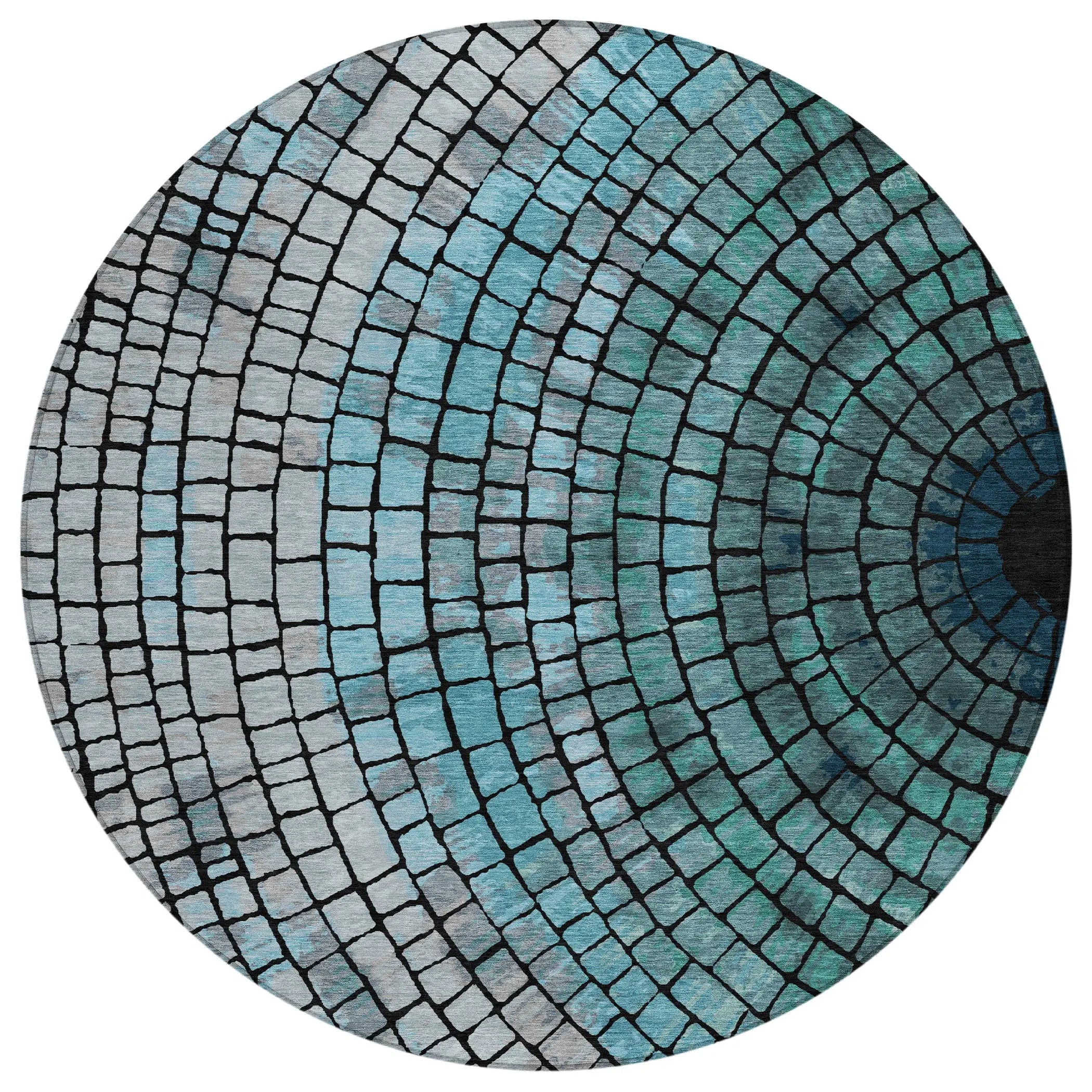 8' Teal Blue And Gray Round Geometric Washable Indoor Outdoor Area Rug Homeroots Outdoor