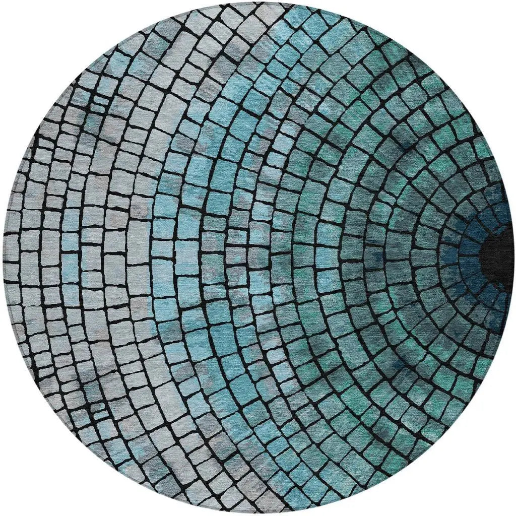 8' Teal Blue And Gray Round Geometric Washable Indoor Outdoor Area Rug Homeroots Outdoor