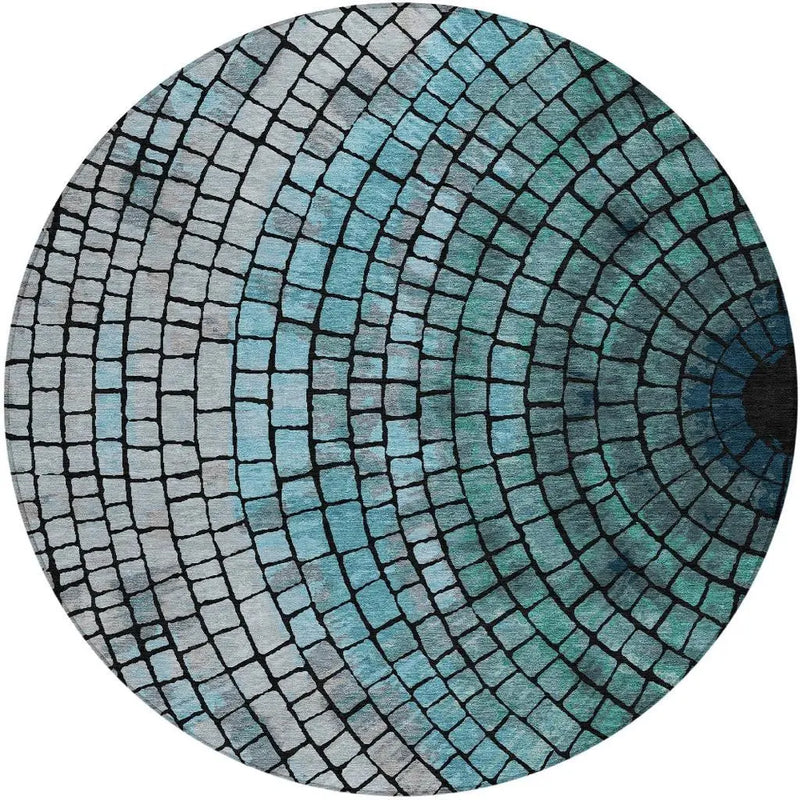 8' Teal Blue And Gray Round Geometric Washable Indoor Outdoor Area Rug Homeroots Outdoor