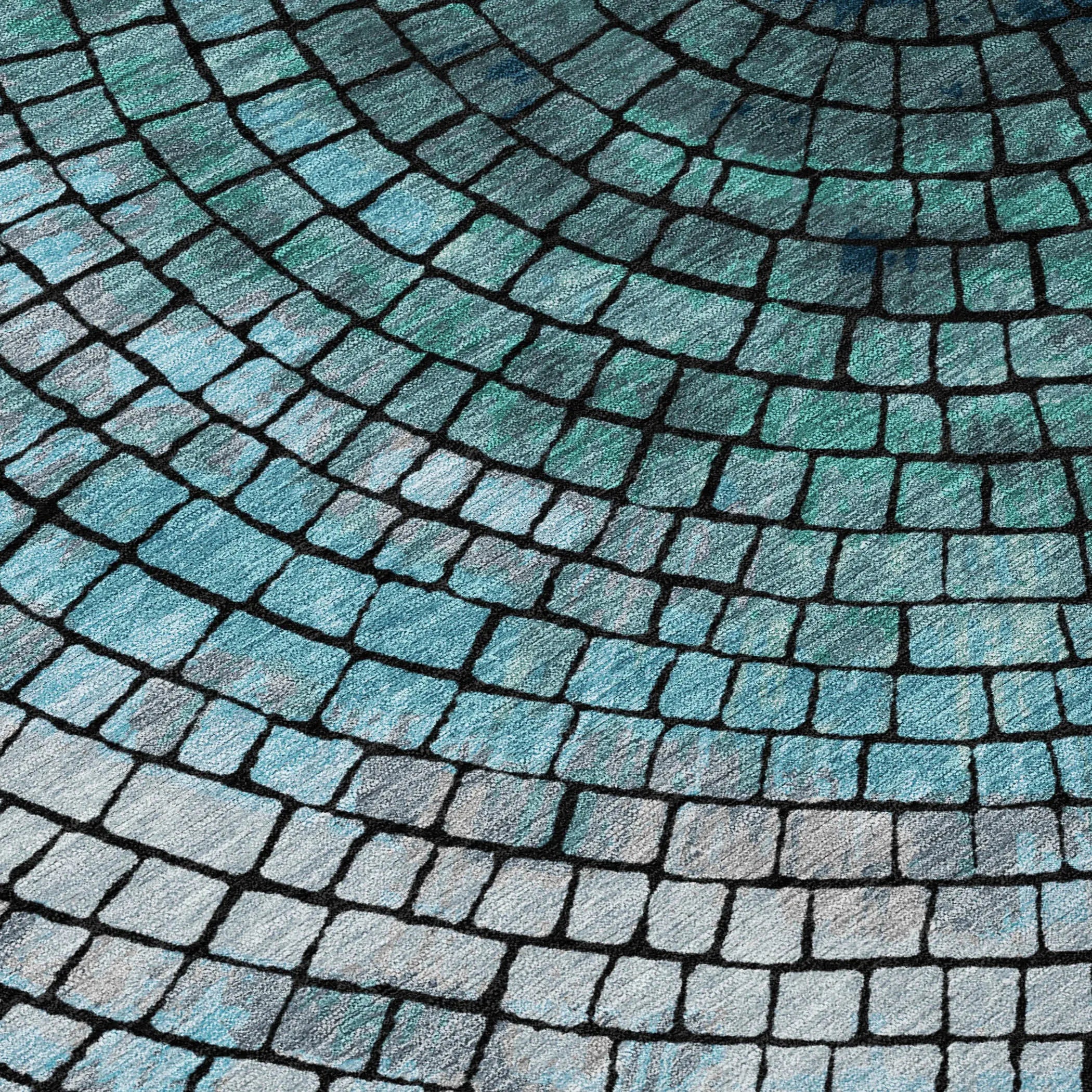 8' Teal Blue And Gray Round Geometric Washable Indoor Outdoor Area Rug Homeroots Outdoor