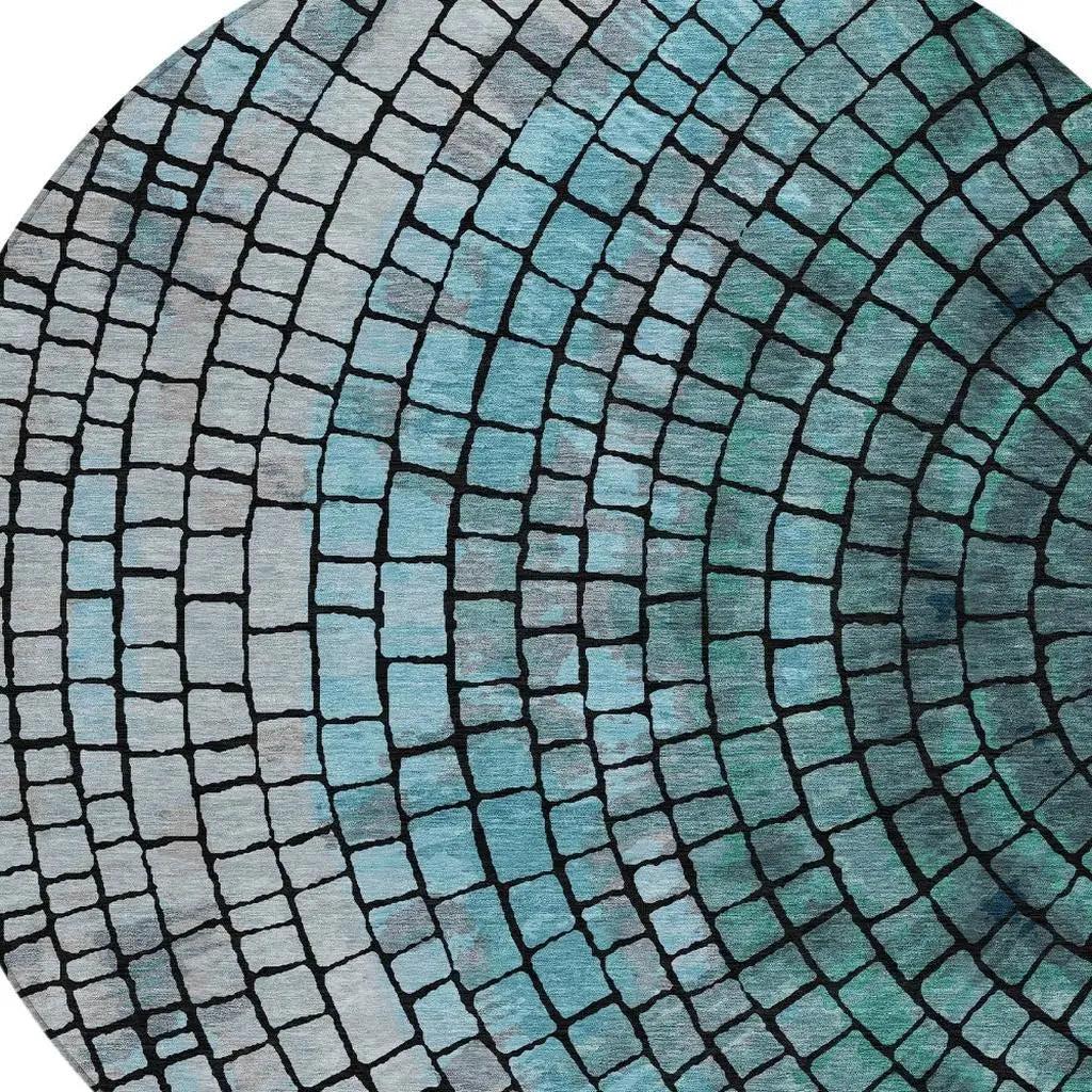 8' Teal Blue And Gray Round Geometric Washable Indoor Outdoor Area Rug Homeroots Outdoor