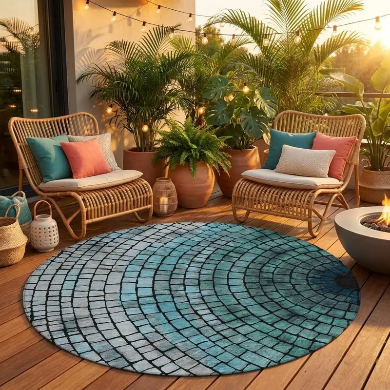 8' Teal Blue And Gray Round Geometric Washable Indoor Outdoor Area Rug Homeroots Outdoor