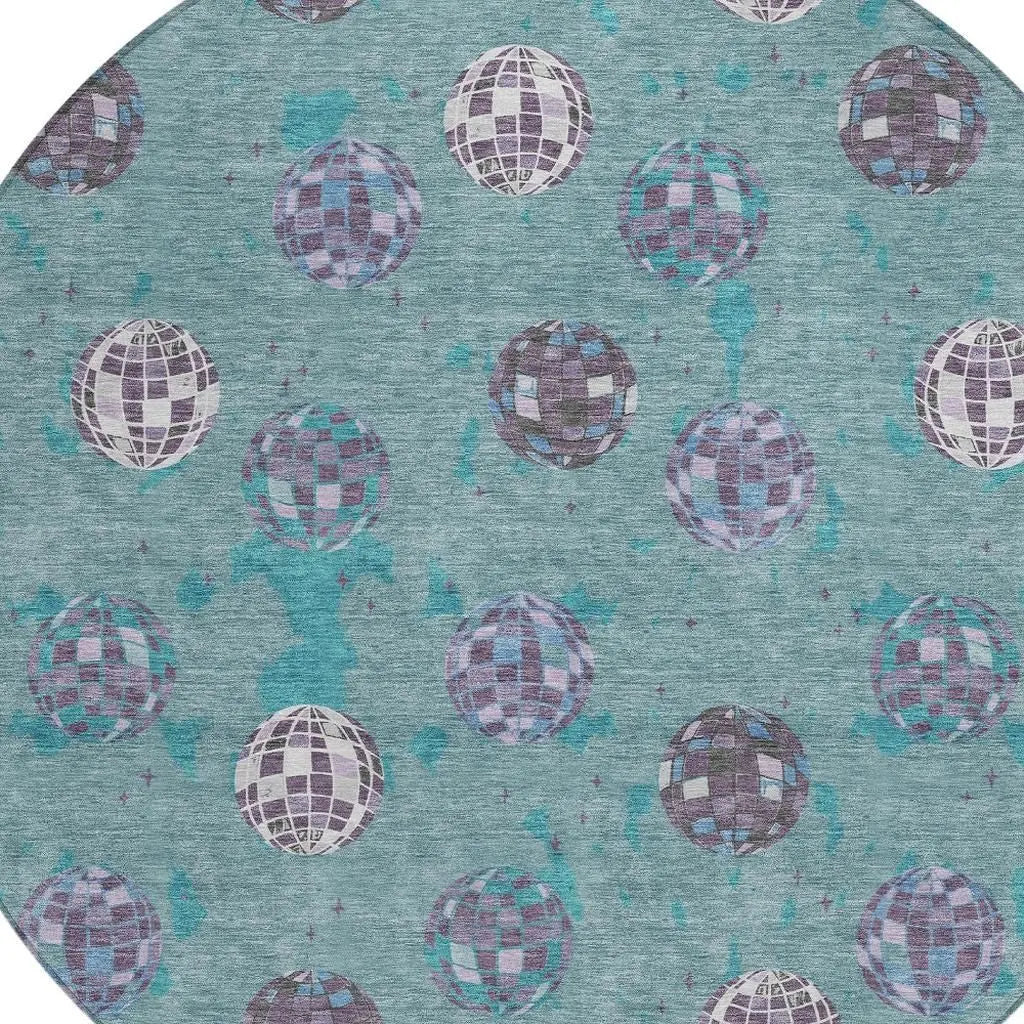 8' Teal Blue And Gray Round Geometric Washable Indoor Outdoor Area Rug Homeroots Outdoor