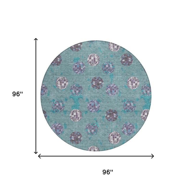 8' Teal Blue And Gray Round Geometric Washable Indoor Outdoor Area Rug Homeroots Outdoor