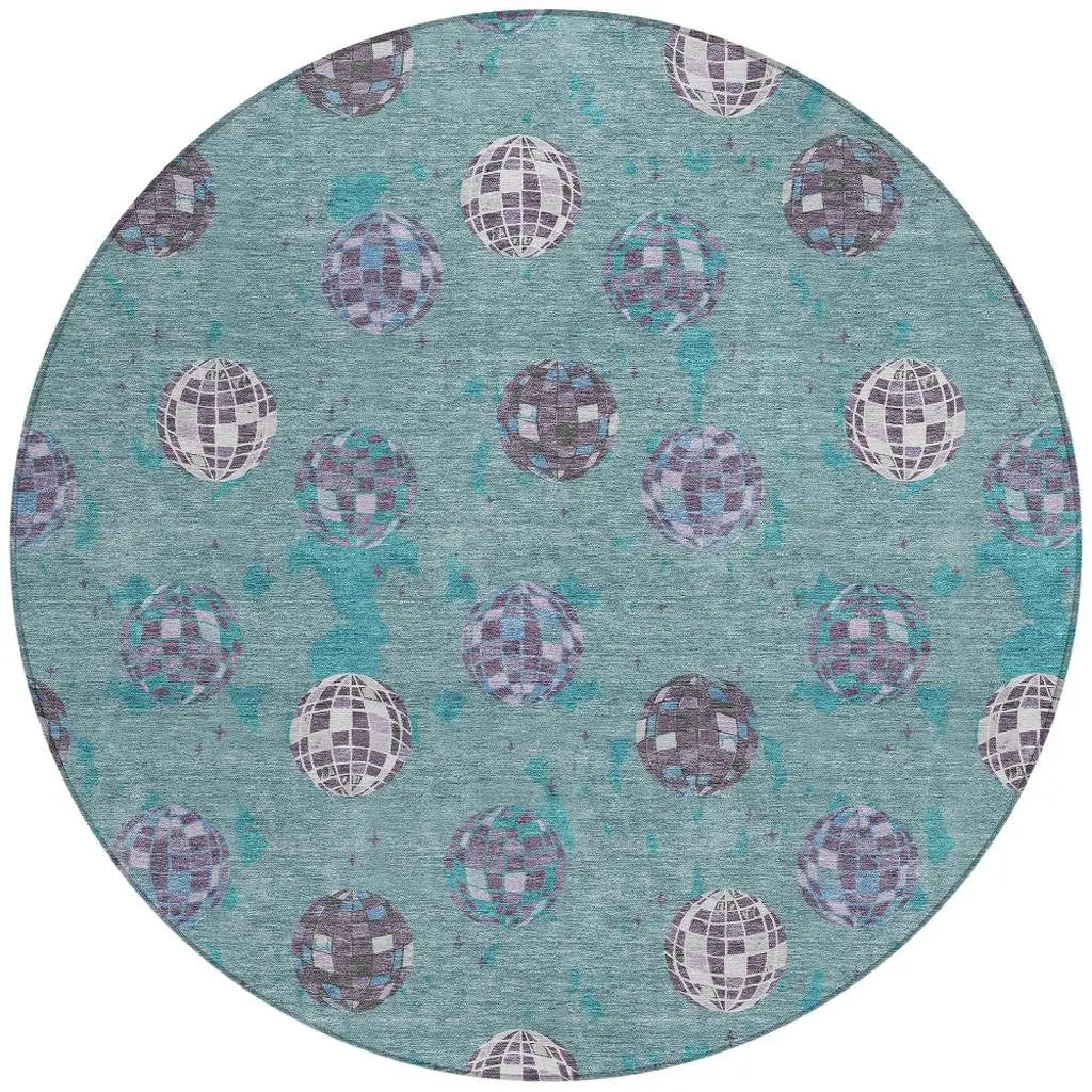 8' Teal Blue And Gray Round Geometric Washable Indoor Outdoor Area Rug Homeroots Outdoor
