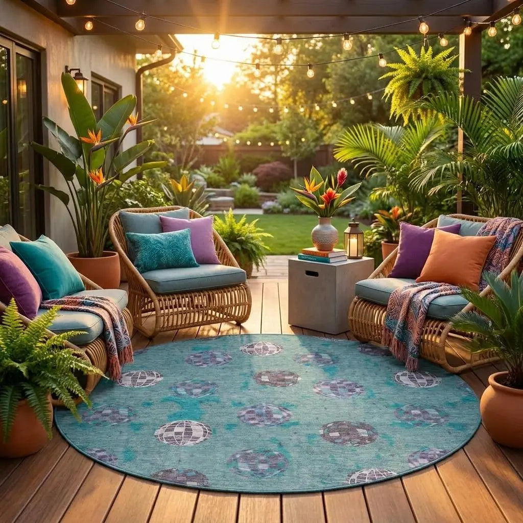 8' Teal Blue And Gray Round Geometric Washable Indoor Outdoor Area Rug Homeroots Outdoor