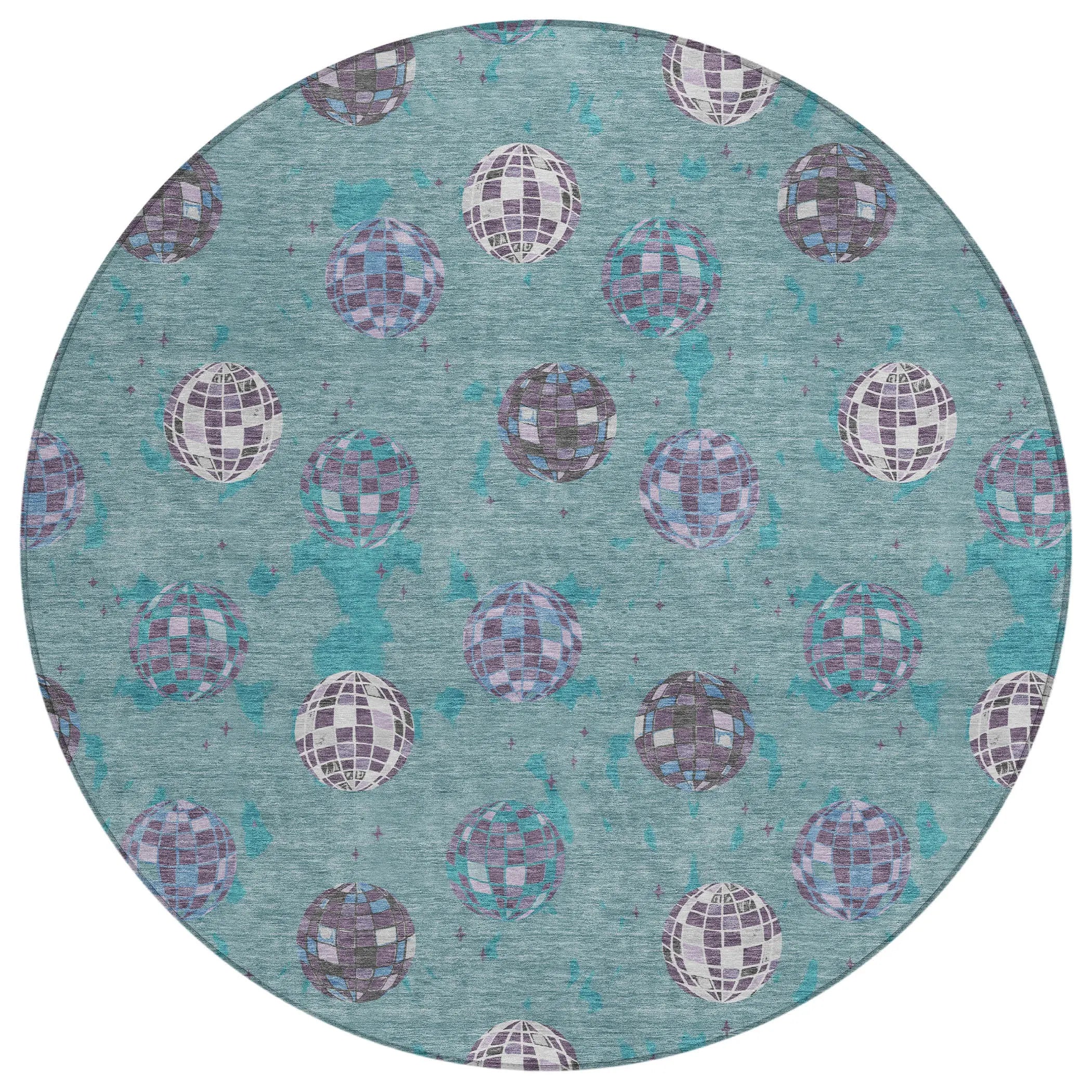 8' Teal Blue And Gray Round Geometric Washable Indoor Outdoor Area Rug Homeroots Outdoor