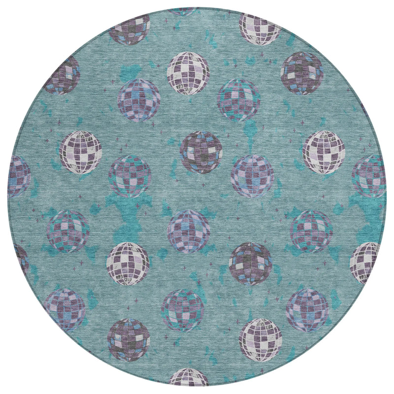 8' Teal Blue And Gray Round Geometric Washable Indoor Outdoor Area Rug Homeroots Outdoor