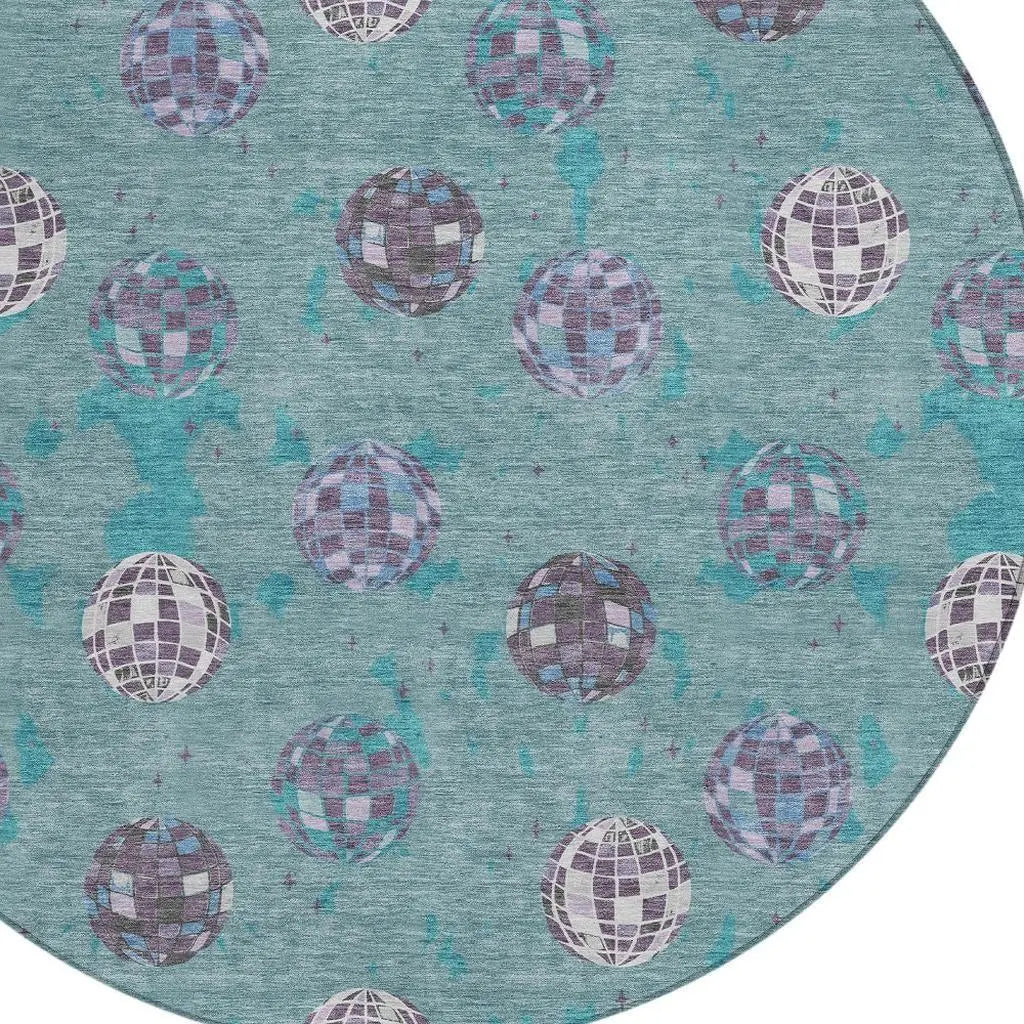 8' Teal Blue And Gray Round Geometric Washable Indoor Outdoor Area Rug Homeroots Outdoor