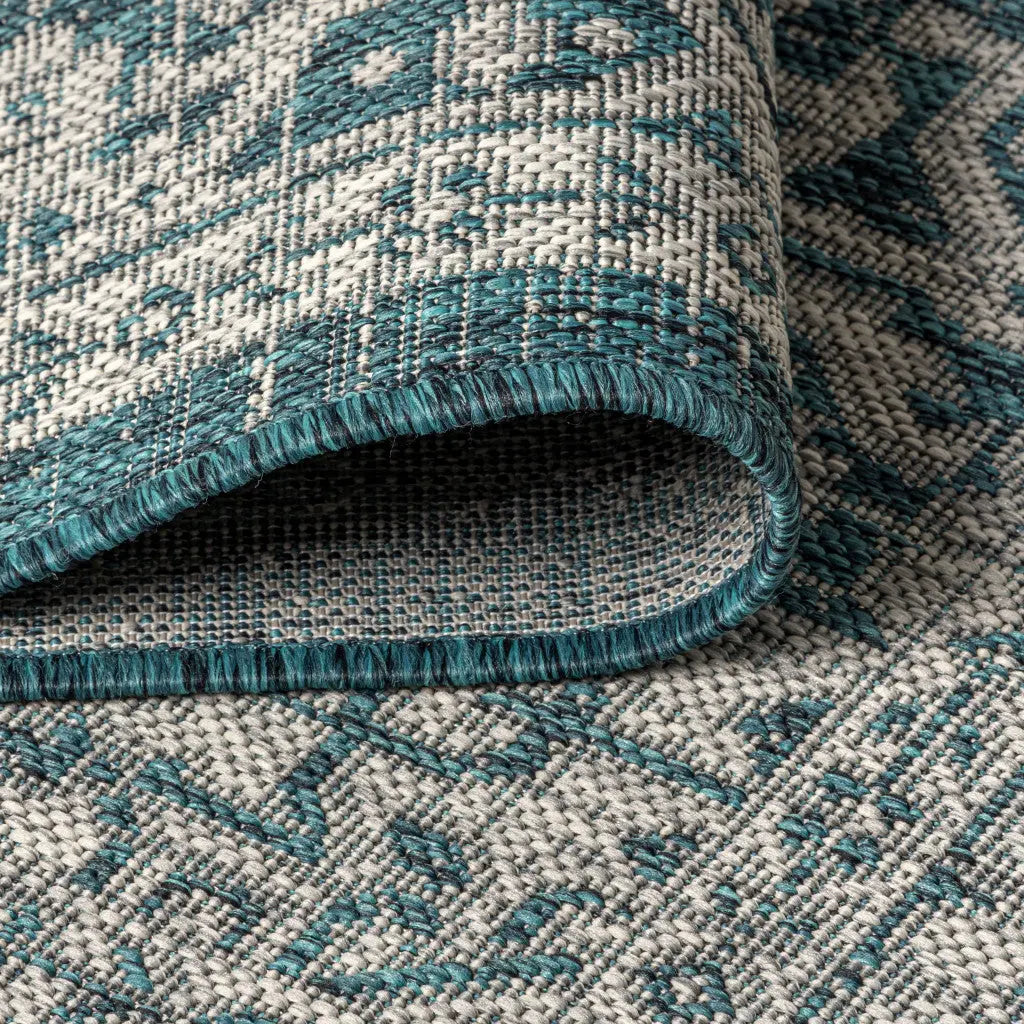 8' Teal Blue And Gray Round Medallion Indoor Outdoor Area Rug Homeroots Outdoor