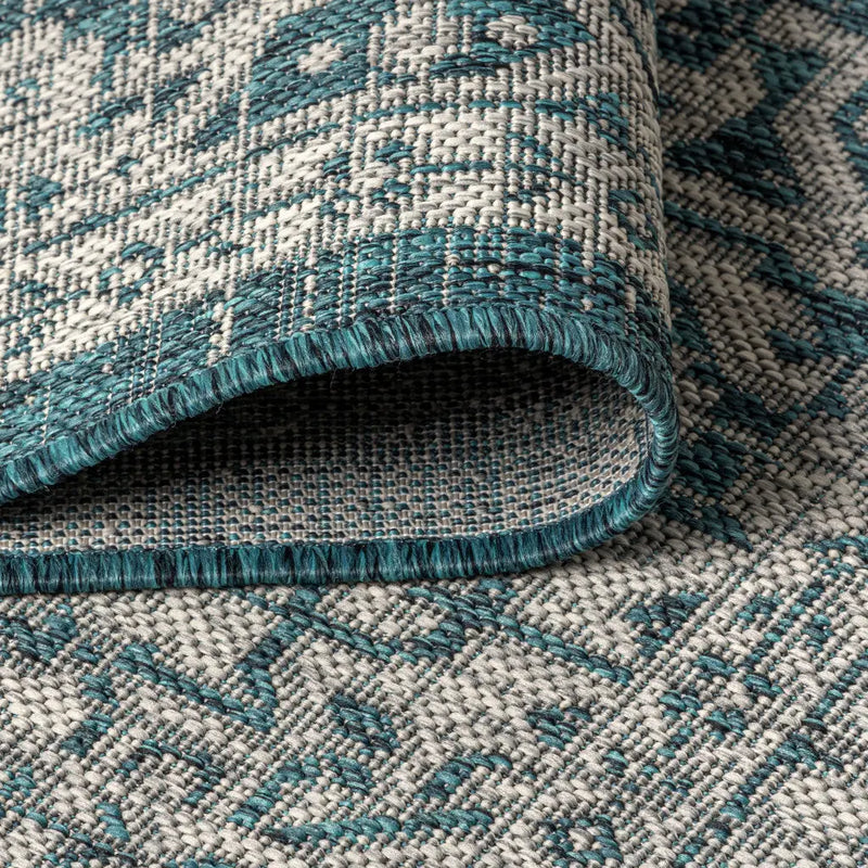 8' Teal Blue And Gray Round Medallion Indoor Outdoor Area Rug Homeroots Outdoor