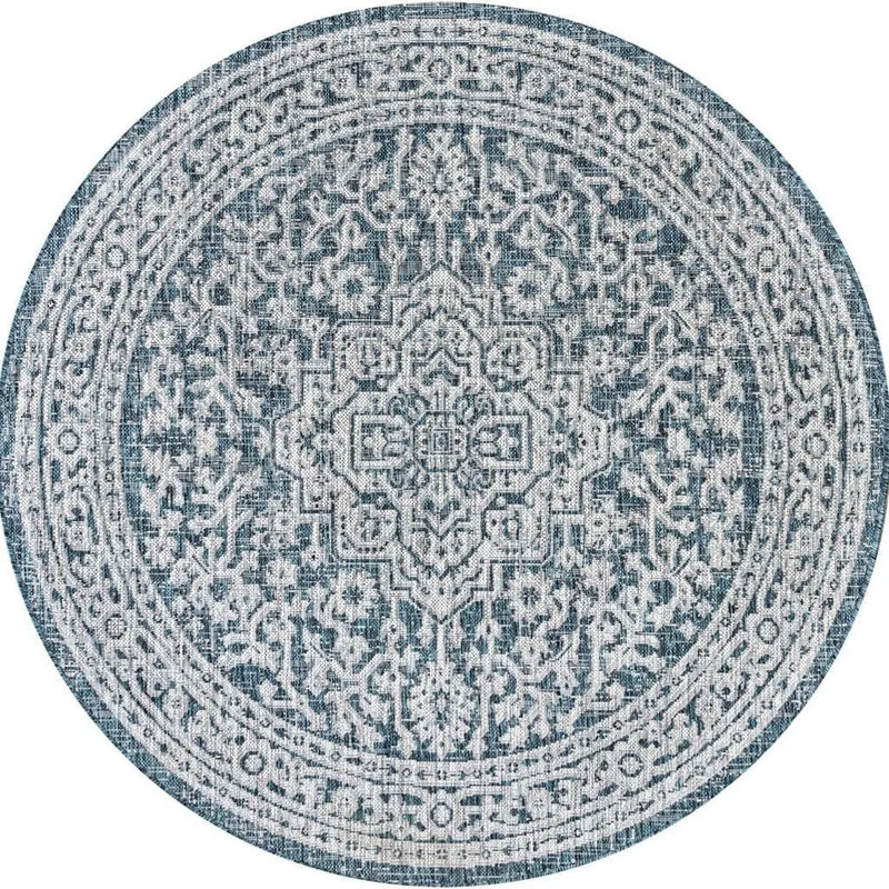 8' Teal Blue And Gray Round Medallion Indoor Outdoor Area Rug Homeroots Outdoor