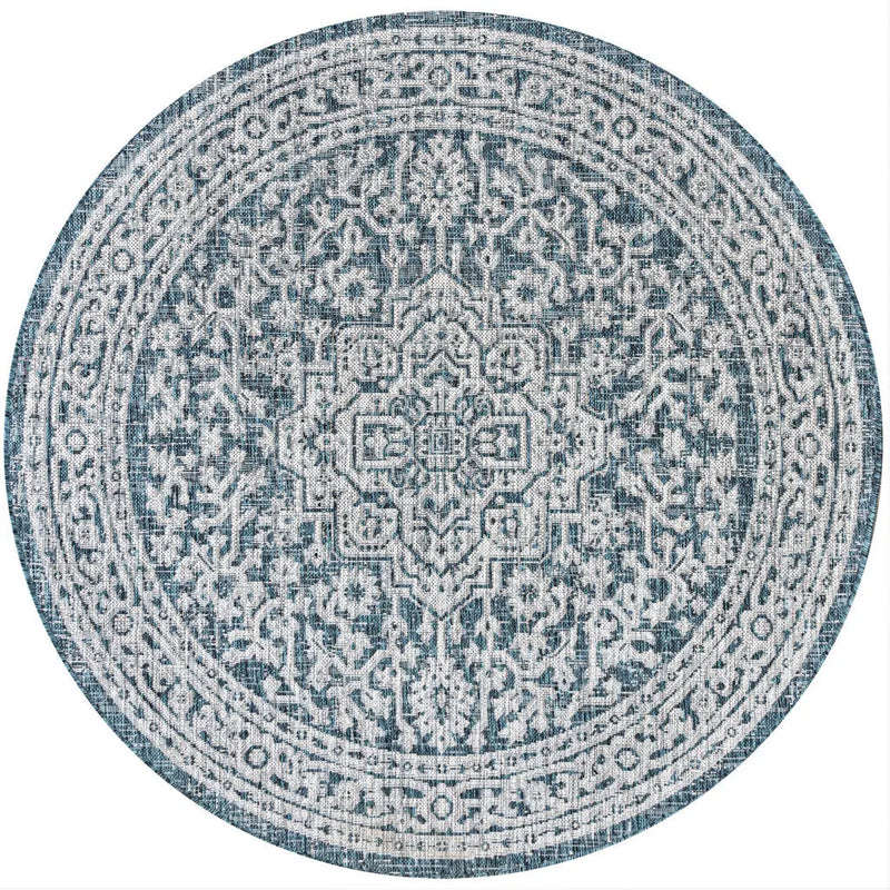 8' Teal Blue And Gray Round Medallion Indoor Outdoor Area Rug Homeroots Outdoor