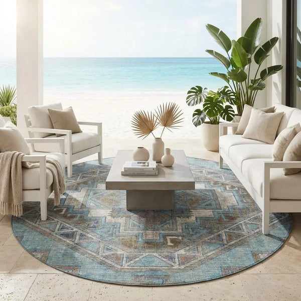 8' Teal Blue And Gray Round Southwestern Washable Indoor Outdoor Area Rug Homeroots Outdoor