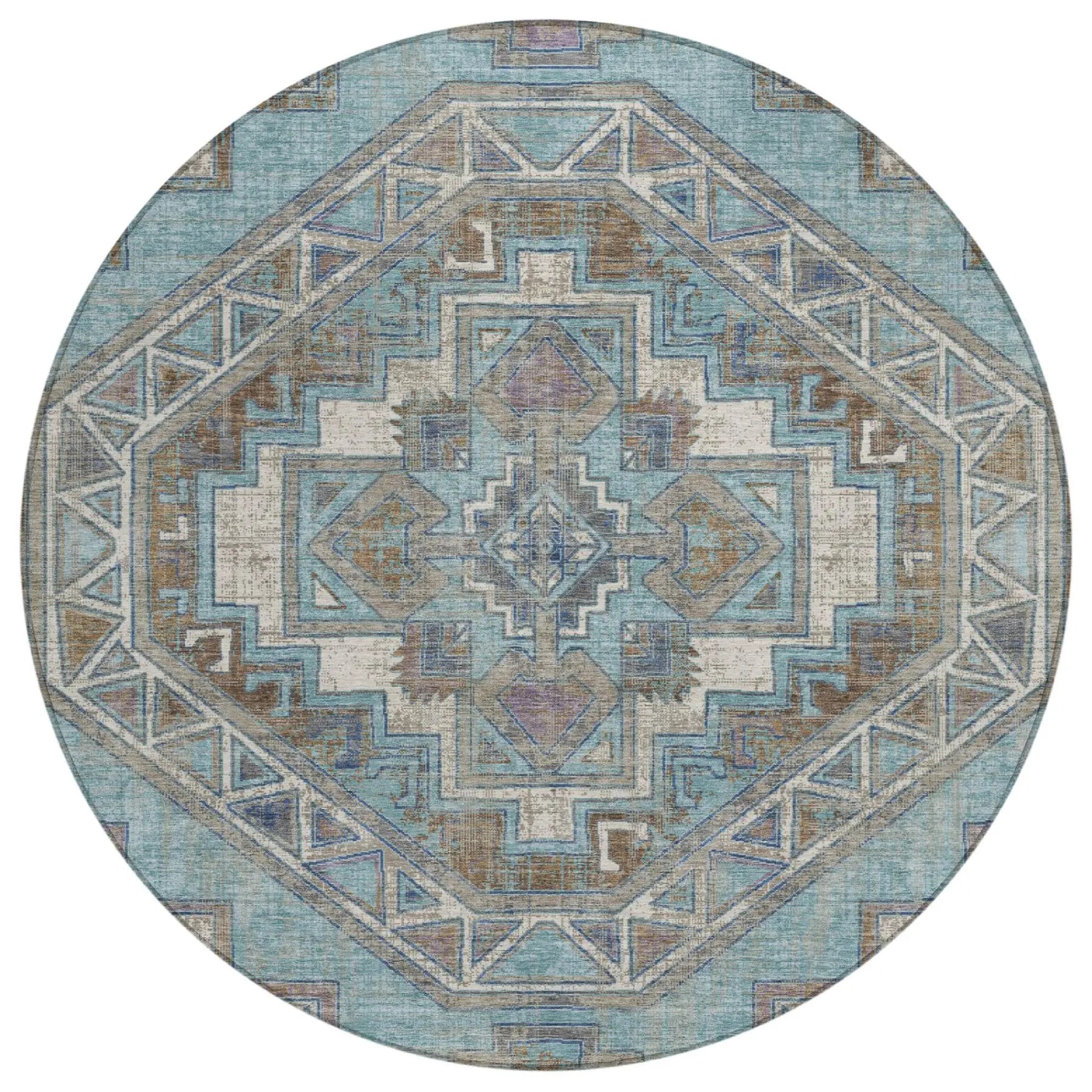 8' Teal Blue And Gray Round Southwestern Washable Indoor Outdoor Area Rug Homeroots Outdoor