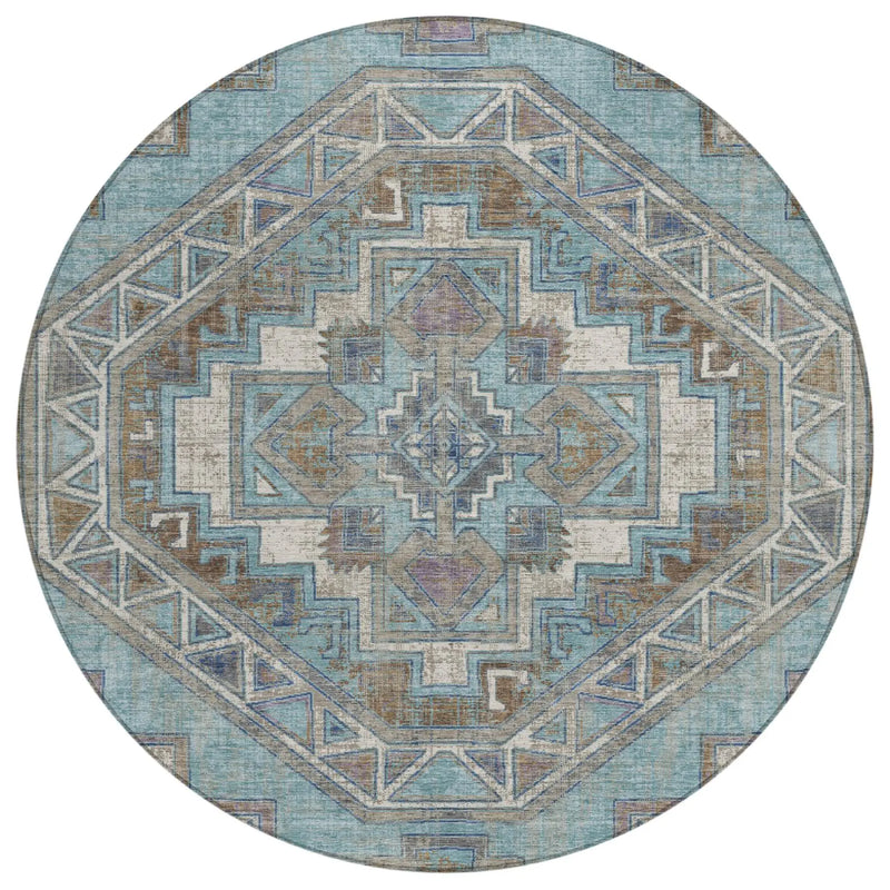 8' Teal Blue And Gray Round Southwestern Washable Indoor Outdoor Area Rug Homeroots Outdoor