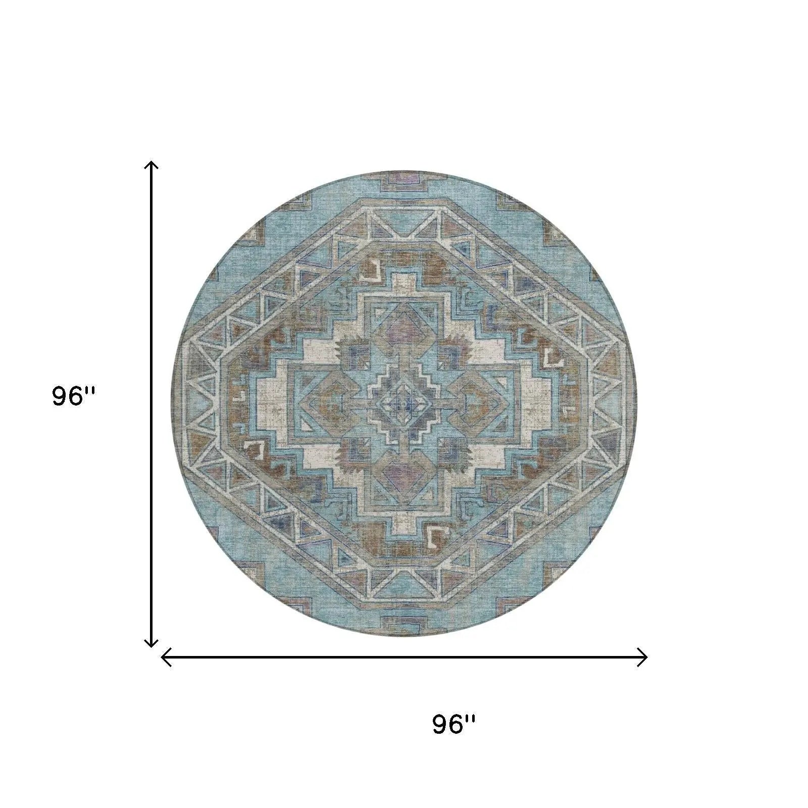 8' Teal Blue And Gray Round Southwestern Washable Indoor Outdoor Area Rug Homeroots Outdoor