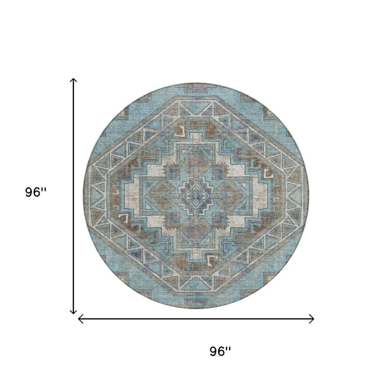 8' Teal Blue And Gray Round Southwestern Washable Indoor Outdoor Area Rug Homeroots Outdoor