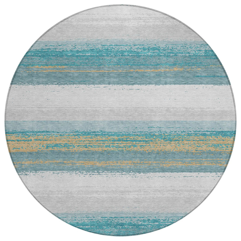 8' Teal Blue And Gray Round Striped Washable Indoor Outdoor Area Rug Homeroots Outdoor