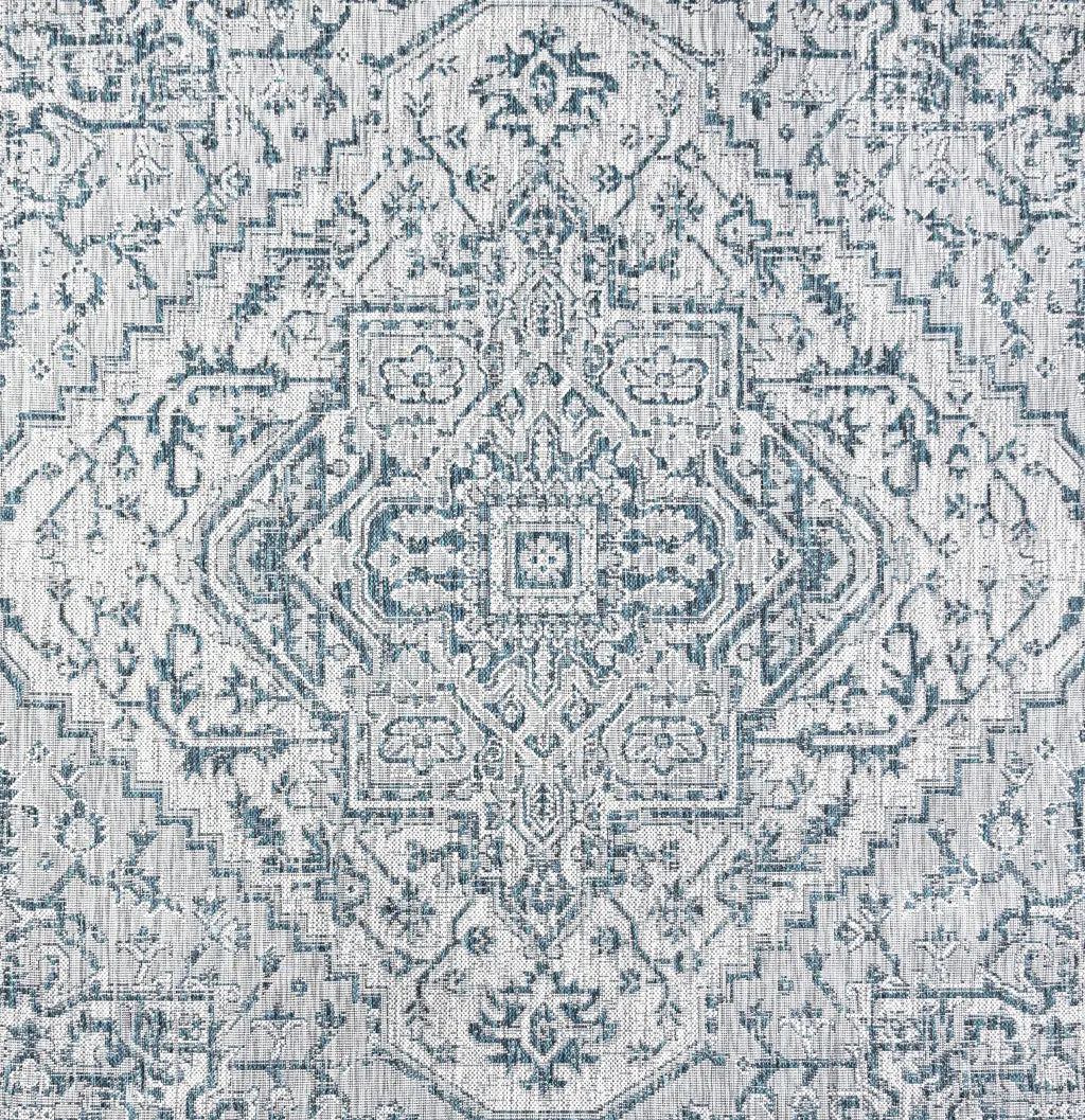 8' Teal Blue And Gray Square Medallion Indoor Outdoor Area Rug Homeroots Outdoor