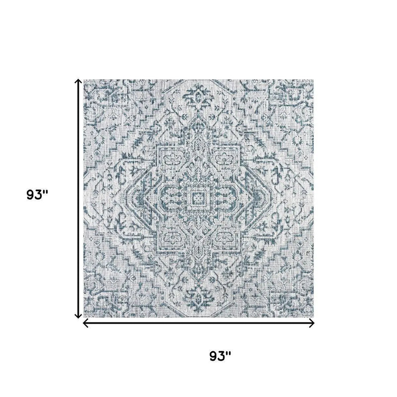 8' Teal Blue And Gray Square Medallion Indoor Outdoor Area Rug Homeroots Outdoor
