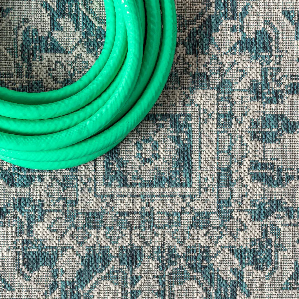 8' Teal Blue And Gray Square Medallion Indoor Outdoor Area Rug Homeroots Outdoor