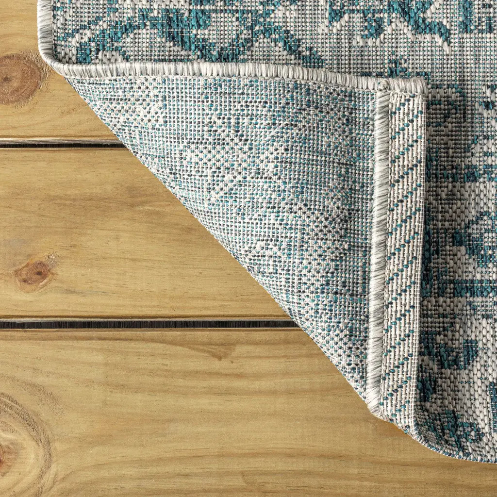 8' Teal Blue And Gray Square Medallion Indoor Outdoor Area Rug Homeroots Outdoor