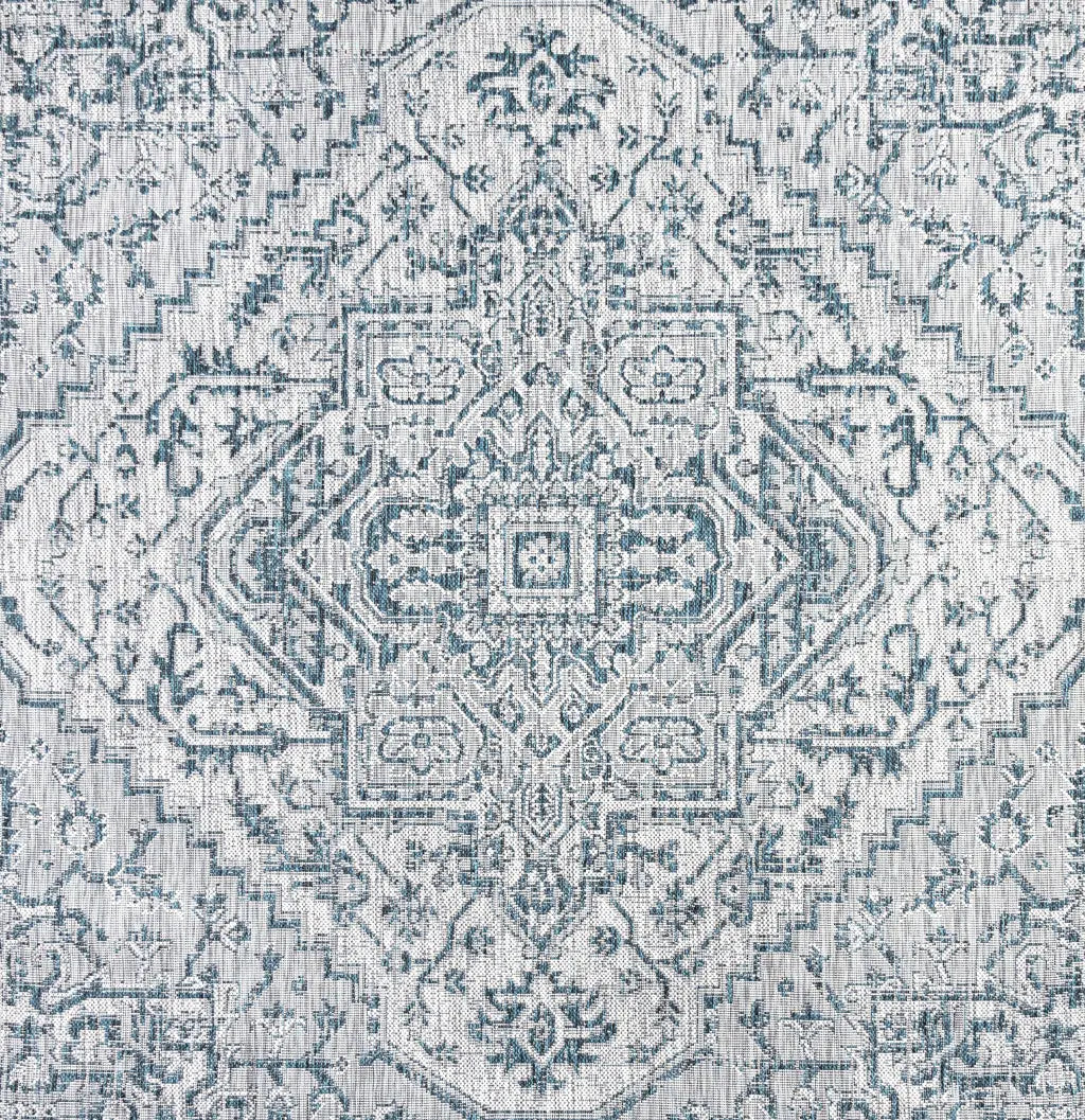 8' Teal Blue And Gray Square Medallion Indoor Outdoor Area Rug Homeroots Outdoor