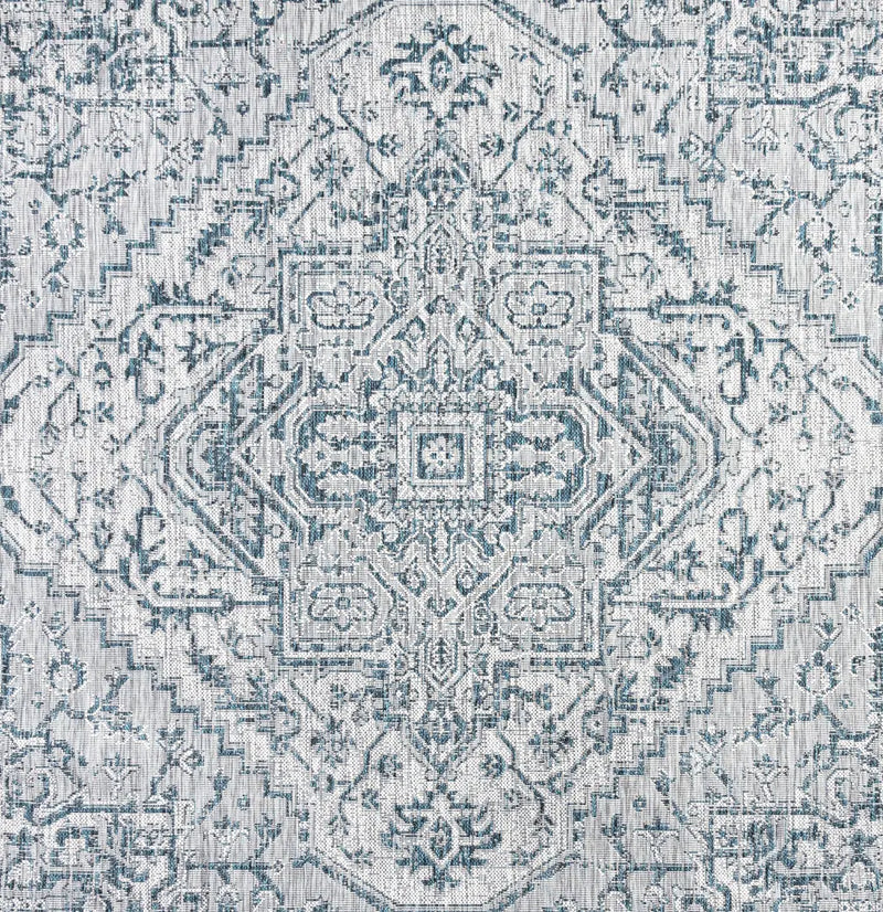 8' Teal Blue And Gray Square Medallion Indoor Outdoor Area Rug Homeroots Outdoor