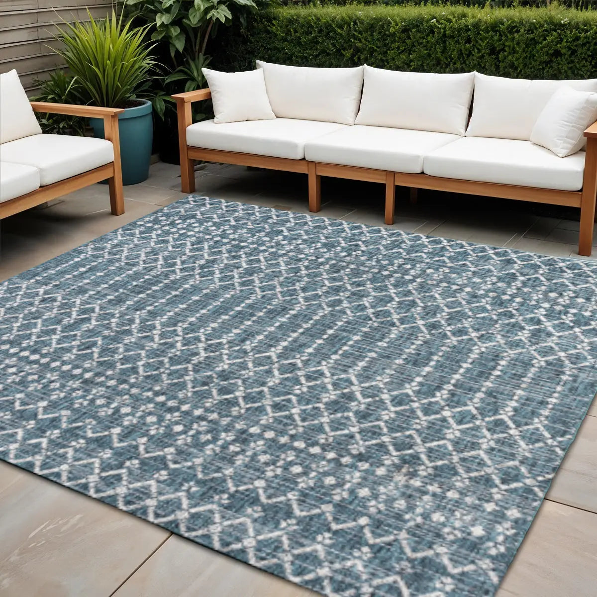 8' Teal Blue And Gray Square Trellis Indoor Outdoor Area Rug Homeroots Outdoor