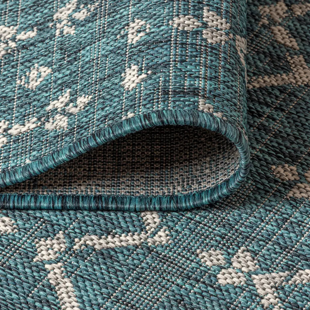 8' Teal Blue And Gray Square Trellis Indoor Outdoor Area Rug Homeroots Outdoor