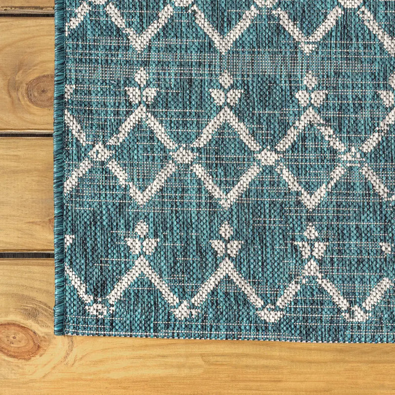 8' Teal Blue And Gray Square Trellis Indoor Outdoor Area Rug Homeroots Outdoor
