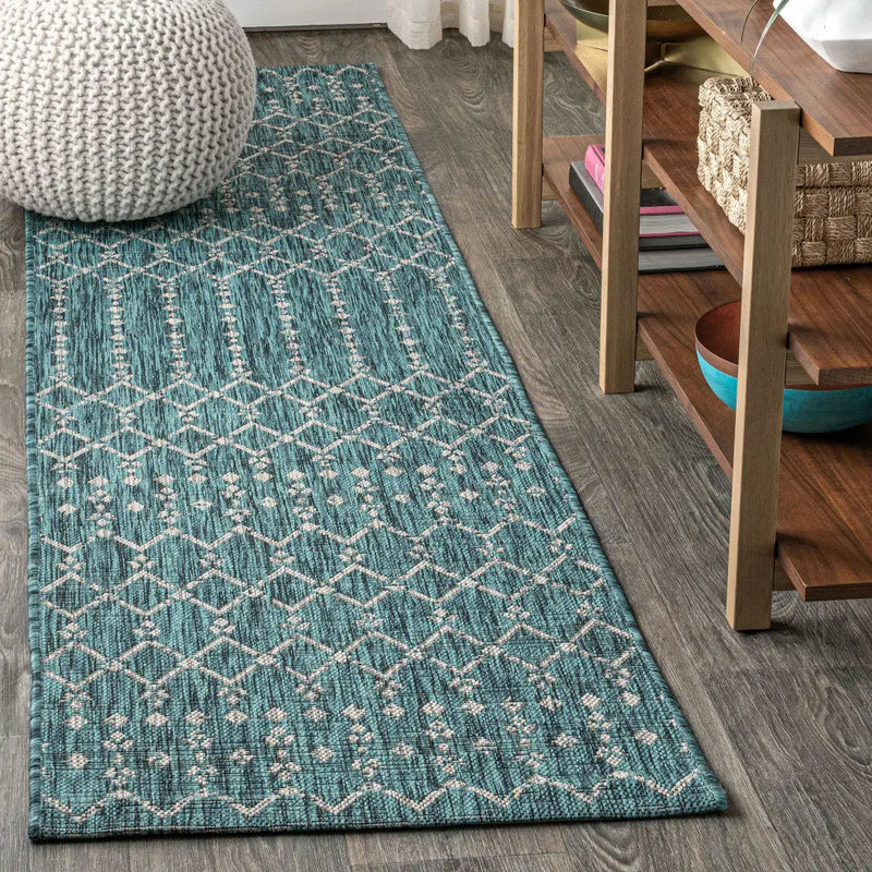 8' Teal Blue And Gray Trellis Indoor Outdoor Runner Rug Homeroots Outdoor