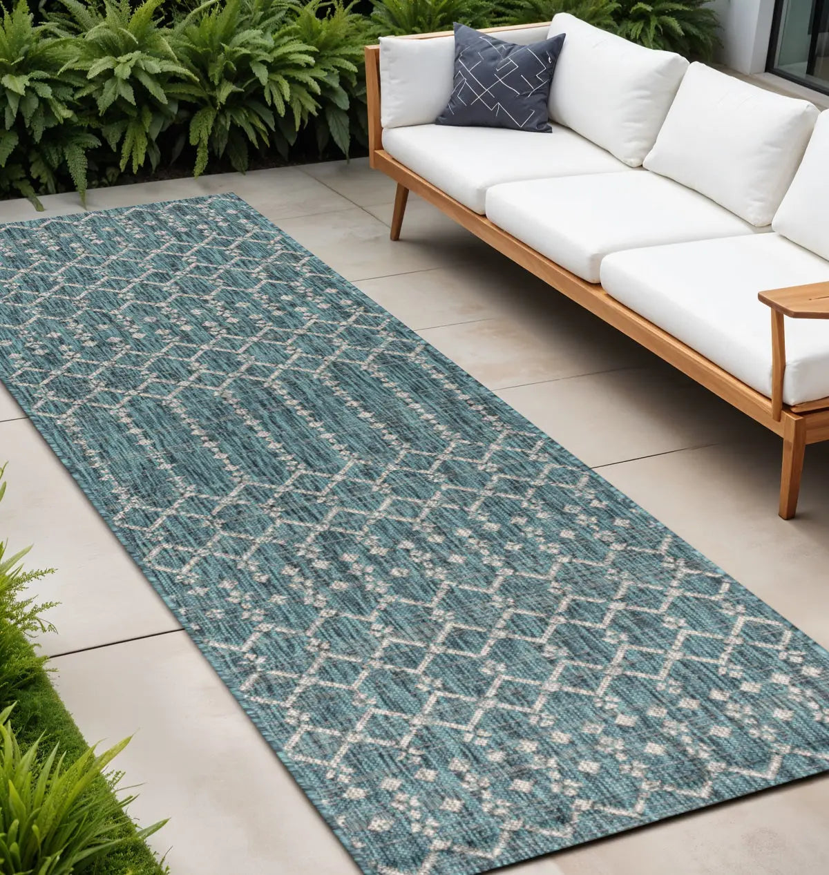 8' Teal Blue And Gray Trellis Indoor Outdoor Runner Rug Homeroots Outdoor