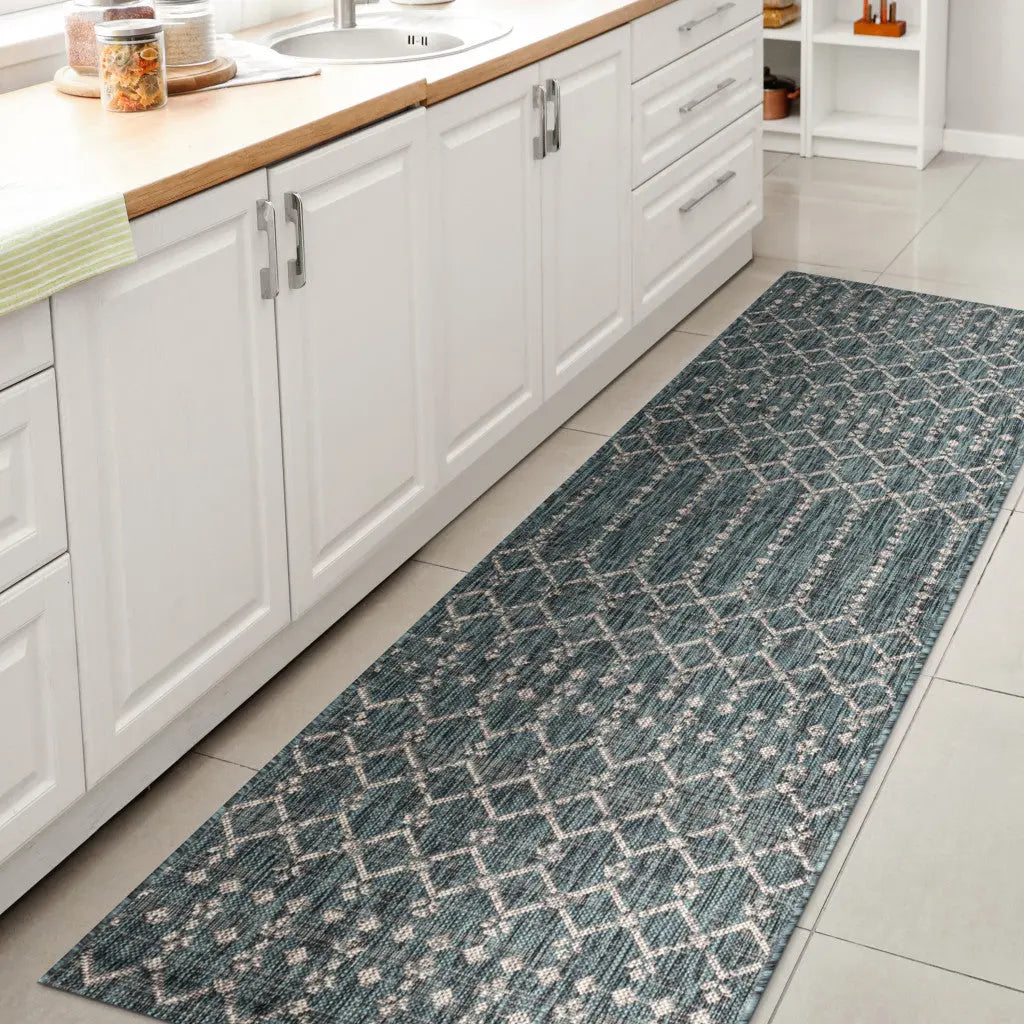 8' Teal Blue And Gray Trellis Indoor Outdoor Runner Rug Homeroots Outdoor