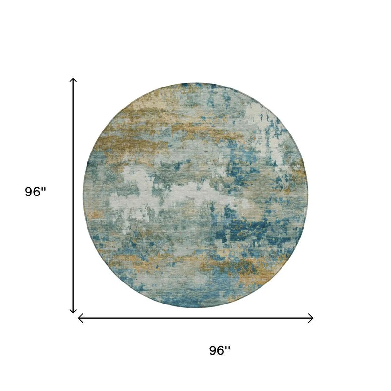 8' Teal Blue And Green Round Abstract Washable Indoor Outdoor Area Rug Homeroots Outdoor